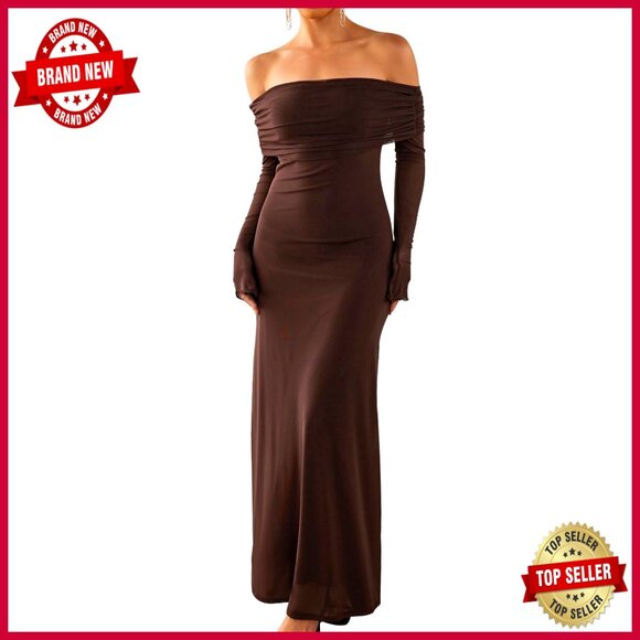 Off Shoulder Bodycon Maxi Dress Long Sleeve Mesh Ruched Elegant Party Formal